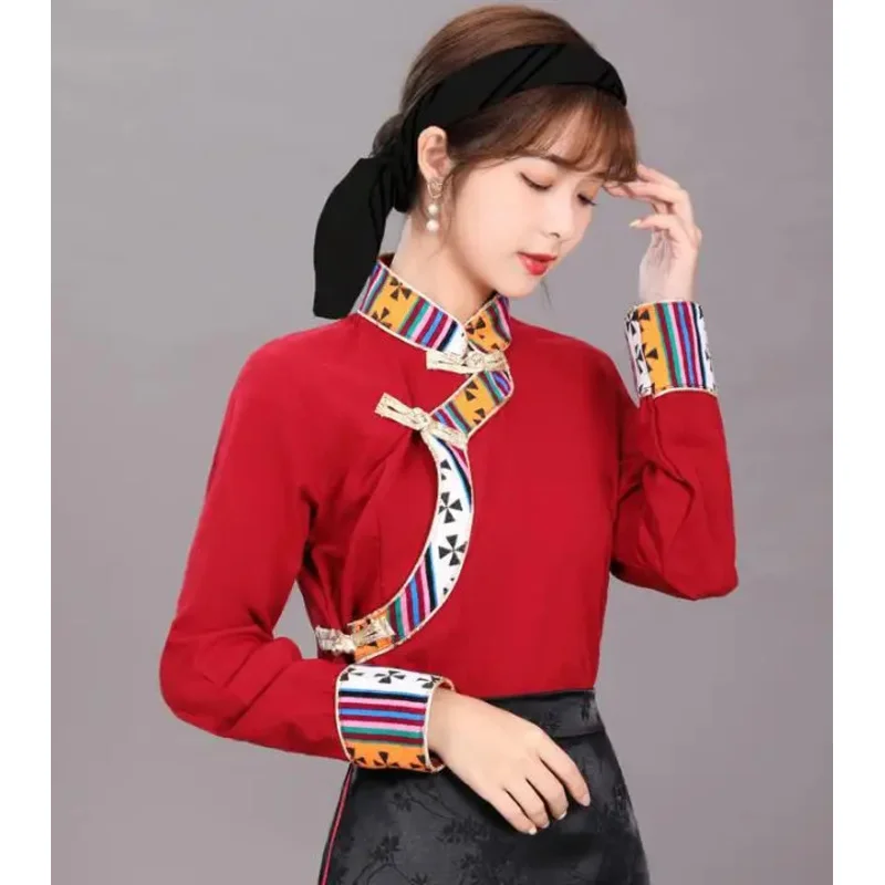 Chinese Tibetan T shirt women Spring thin tops ethnic style dance vintage shirt