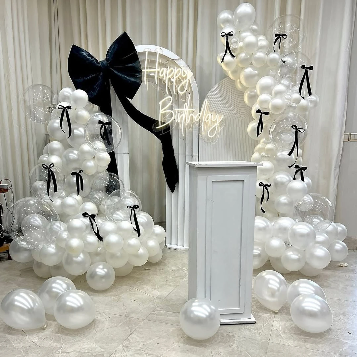 101 pearl white latex balloon garlands with DIY satin bow ribbons for wedding and birthday party decoration