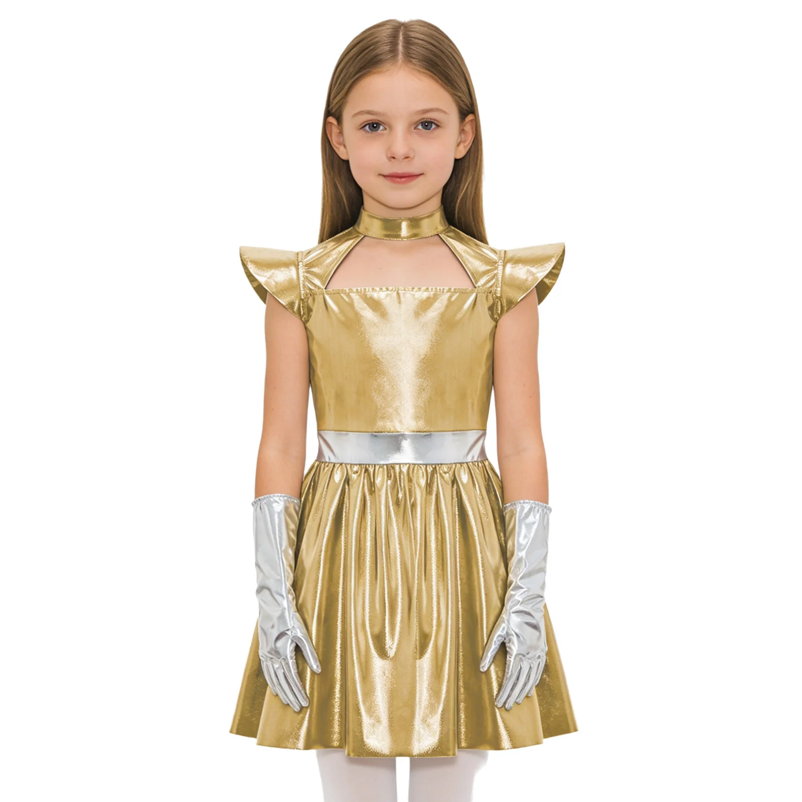 

Girls Alien Cosplay Metallic Dress Hollow Out Flying Sleeve Back Invisible Zipper Ruffled Dress with 1 Pair Gloves Robot Outfit