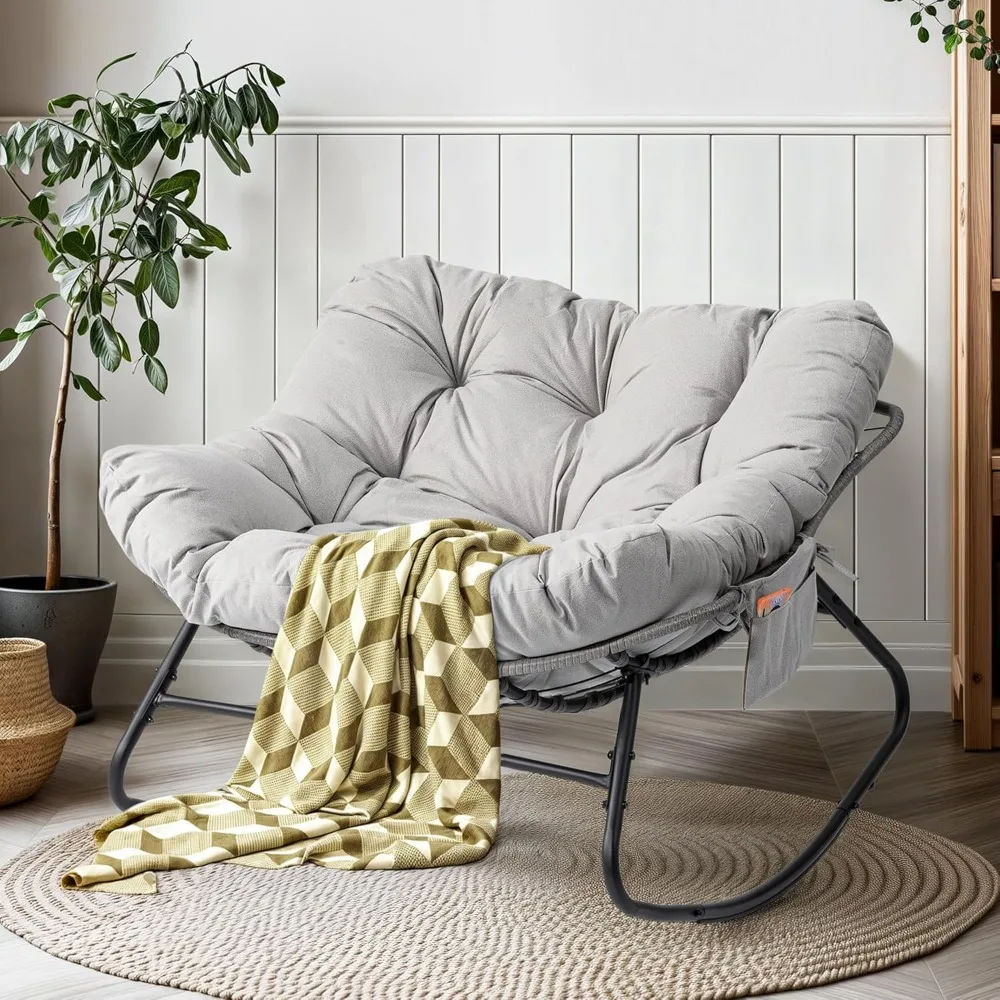 

LotFun Papasan Rocking Chair, Outdoor Patio Rocking Chairs with Thick Cushion and Removable Side Pockets, Oversized Rocker Egg C