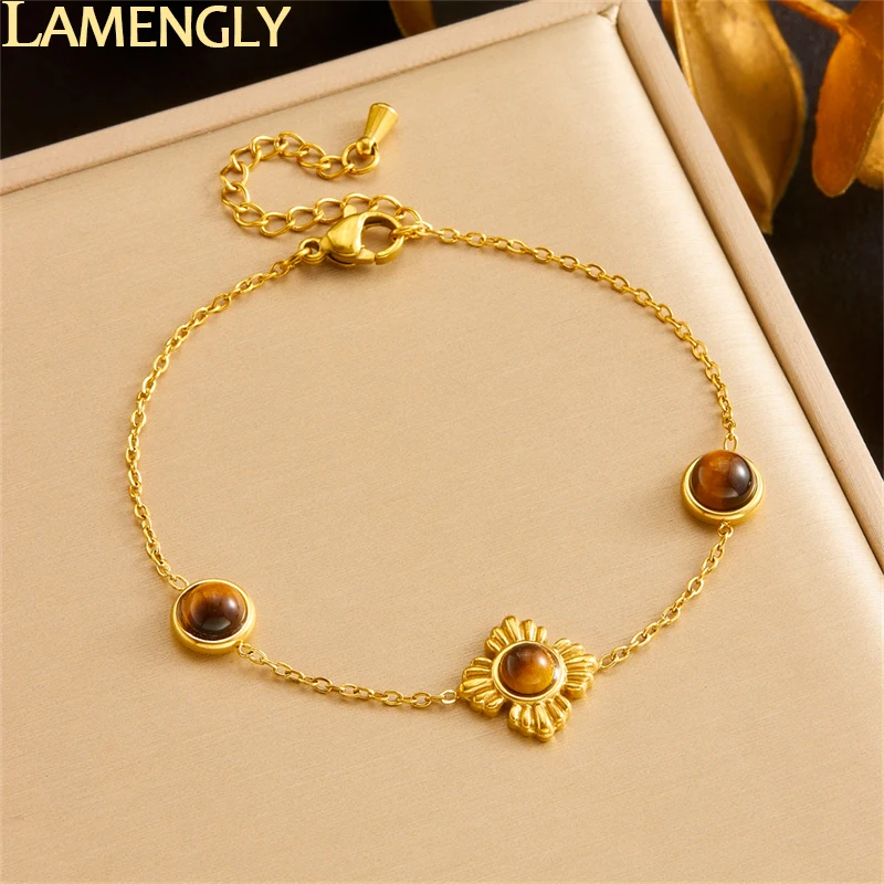 LAMENGLY316l Stainless Steel Mysterious Succinite Cross Flower Bracelet For Woman Girl Luxury Elegant Non-Fading Hand Chain