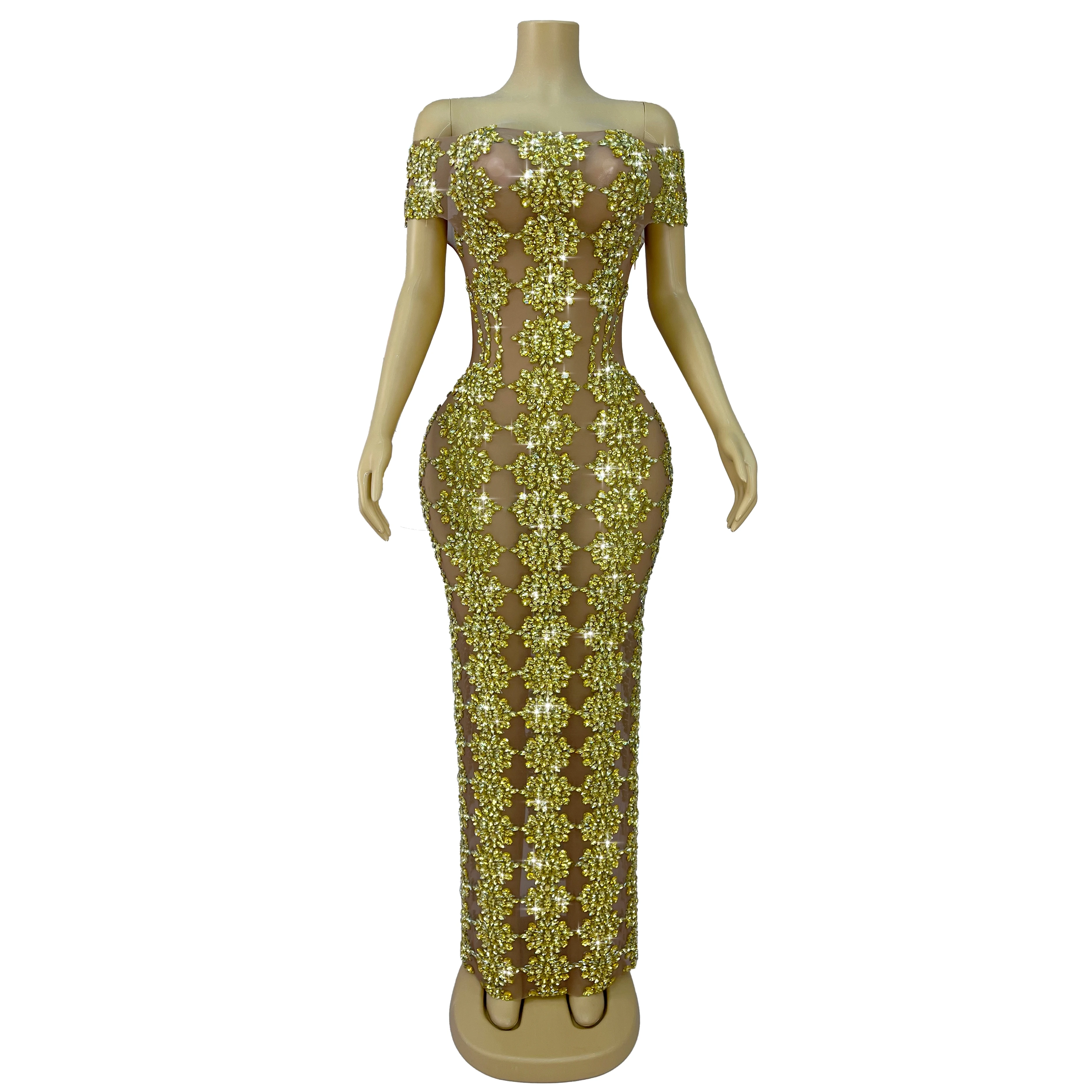 Wysokiej jakości błyszczące cyrkonie Sukienka bez ramiączek Seksowna przezroczysta sukienka z siateczki Elegancka wieczorowa czerwona suknia na scenę Yuebing