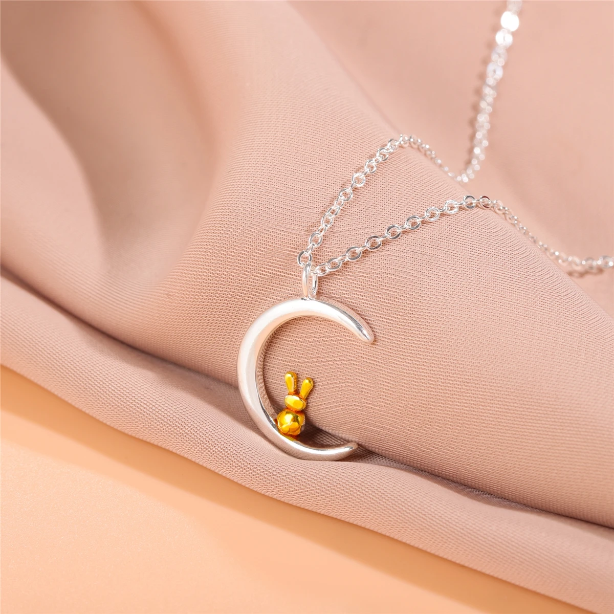 Cute Animal 925 Sterling Silver Rabbit Moon Clavicle Chain Pendant Necklaces