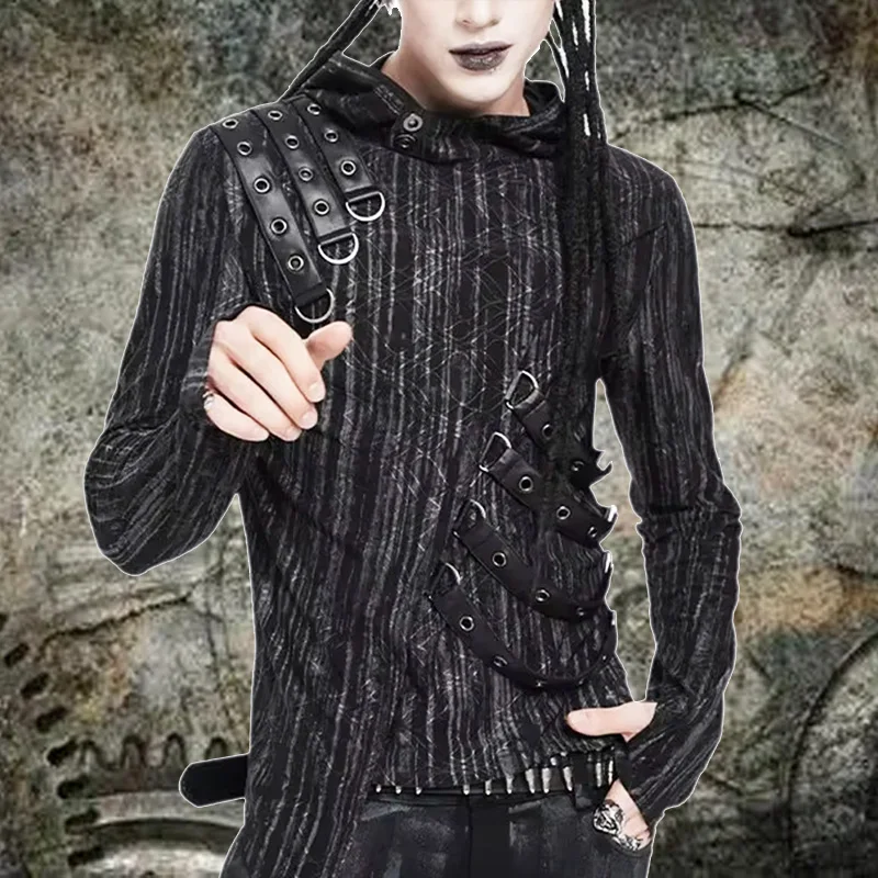2026 Autumn Motorcycle Tie Rivet Gothic style Black Patchwork hooded long sleeved Mens T-shirt top  Men's clothing