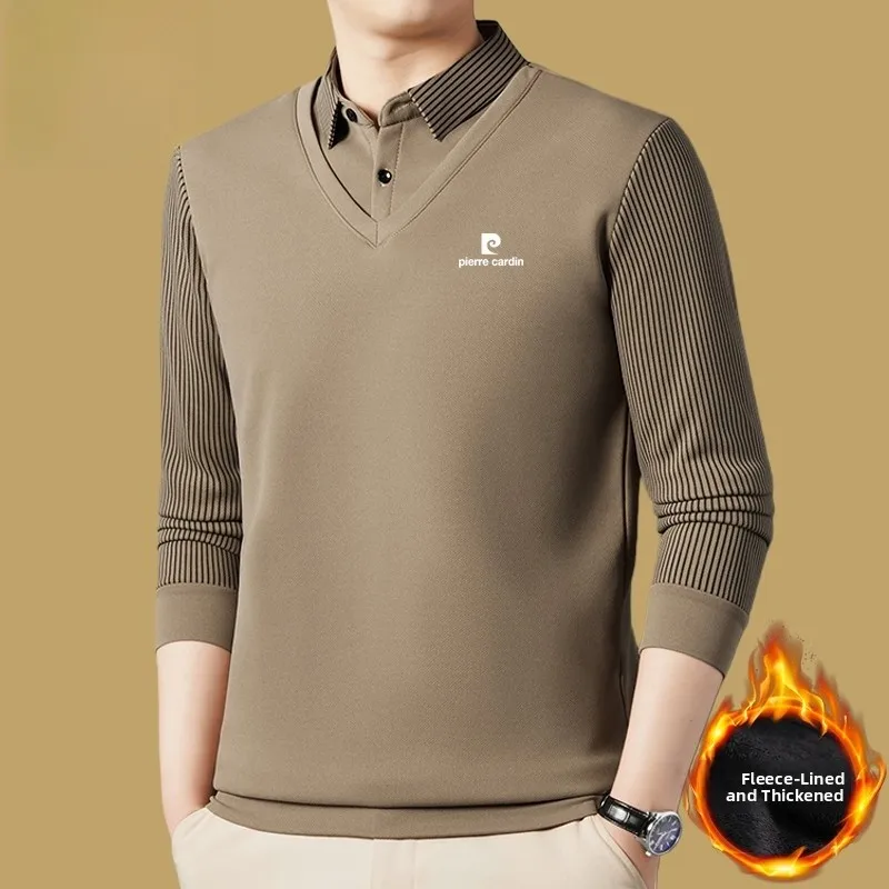 

Мужская теплая повседневная модная футболка Pierre Cardin с длинным рукавом на флисовой подкладке для дома и отдыха зимой