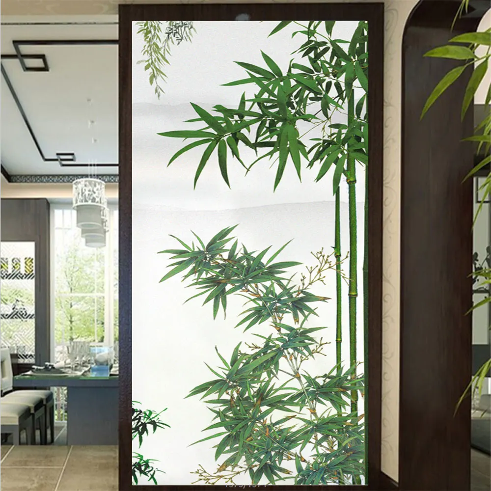 PVC Privacy Window Film Bamboo Pattern Frosted Window Stickers Sun Blocking Anti-UV Static Cling Bathroom Door Decorate Film