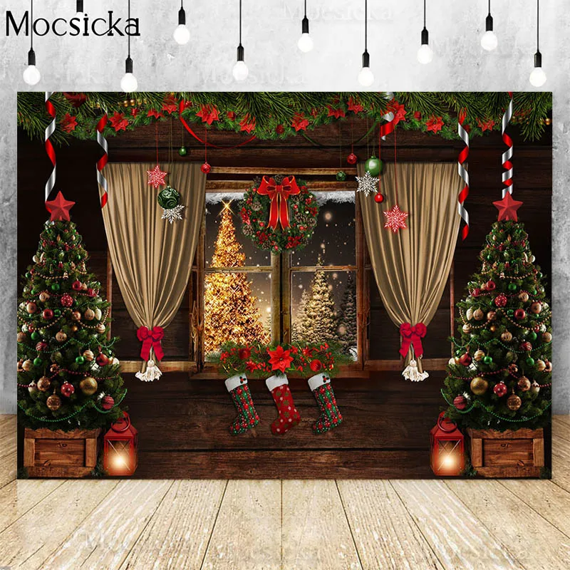 Xmas Brown Plank Photography Backdrop Winter Snow Window New Year Background Kids Portrait Photostudio Christmas Trees Photocall