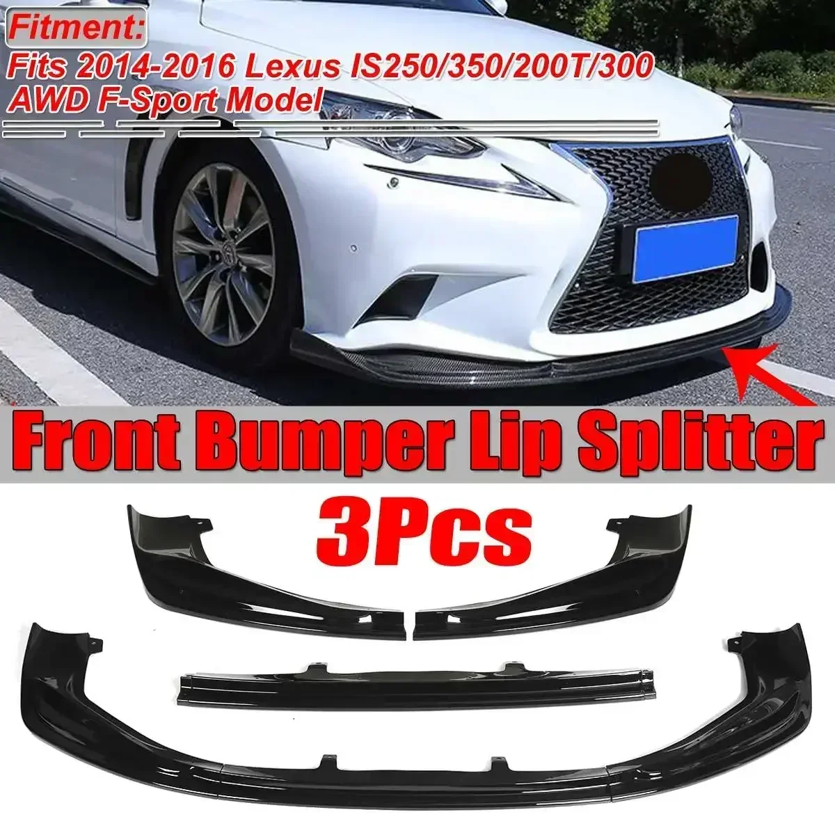 3Piece Car Front Bumper Splitter Lip Chin Spoiler Diffuser Protector For Lexus IS250 IS350 IS300 F-Sport 2014 2015 2016 Body Kit