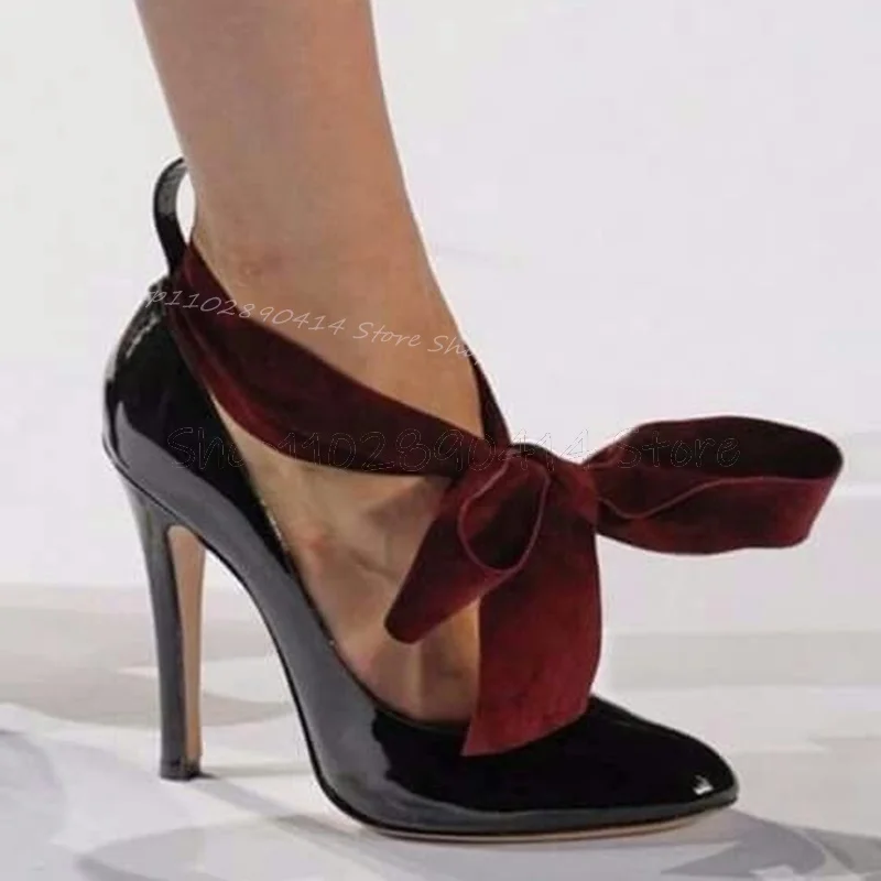 Burgandy Bow Knot Black Patent Leather Pumps Slip On Women Shoes Thin High Heels Pointed Toe Fashion 2024 Zapatos Para Mujere