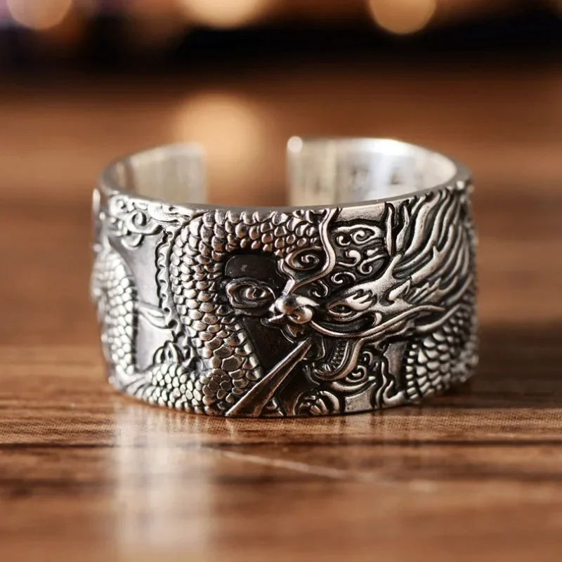 

Classic Retro Gentleman Opening Wide Ring 925 Silver Heart Meridian Faceted Pan Dragon Mens Rings Domineering Banquet Jewelry