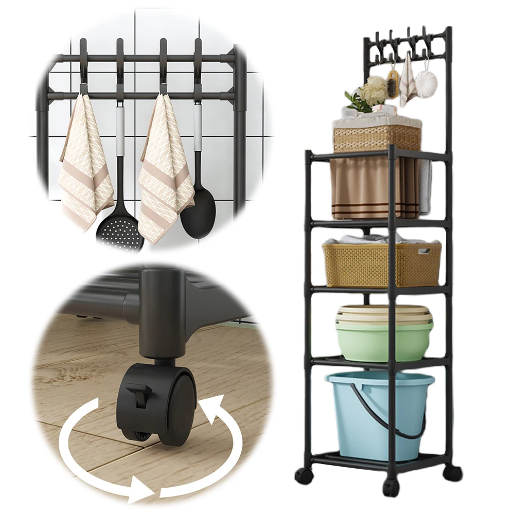 5 Tier Shelving Unit 110LBS Heavy Duty Organizer Shelf with Rolling Wheels for Laundry Bathroom Kitchen Garage Pantry