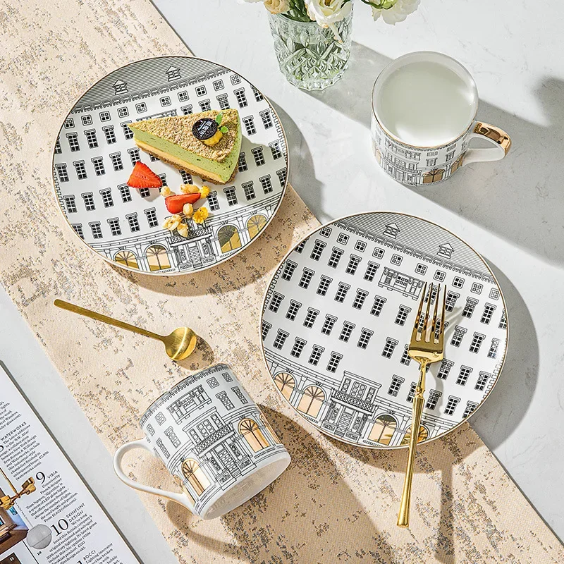 Golden Building Coffee Mug European Luxury Gold Painted Design Cups and Saucers Ceramics Dessert Plate for Kitchen Gift