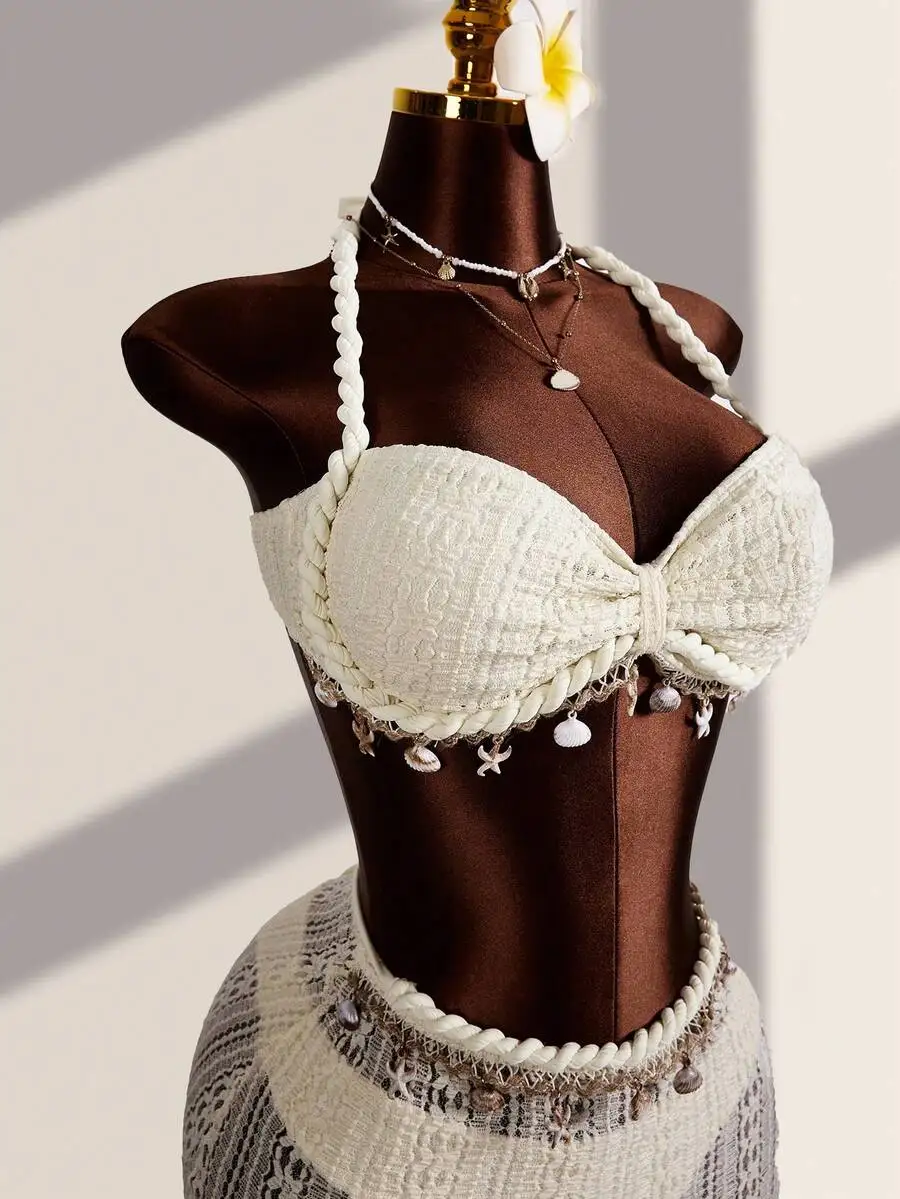 Zestiva Women's Cream Crochet 3 Piece Bikini Set With Mini Skirt,Summer Beach Boho Holiday Solid Color Starfish & Shell Pendant