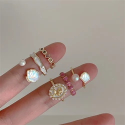 Trendy Seashell Pearl Rings for Women French Style Flowers Opening Ring Aesthetics Designer Wedding Party Jewelry Gifts