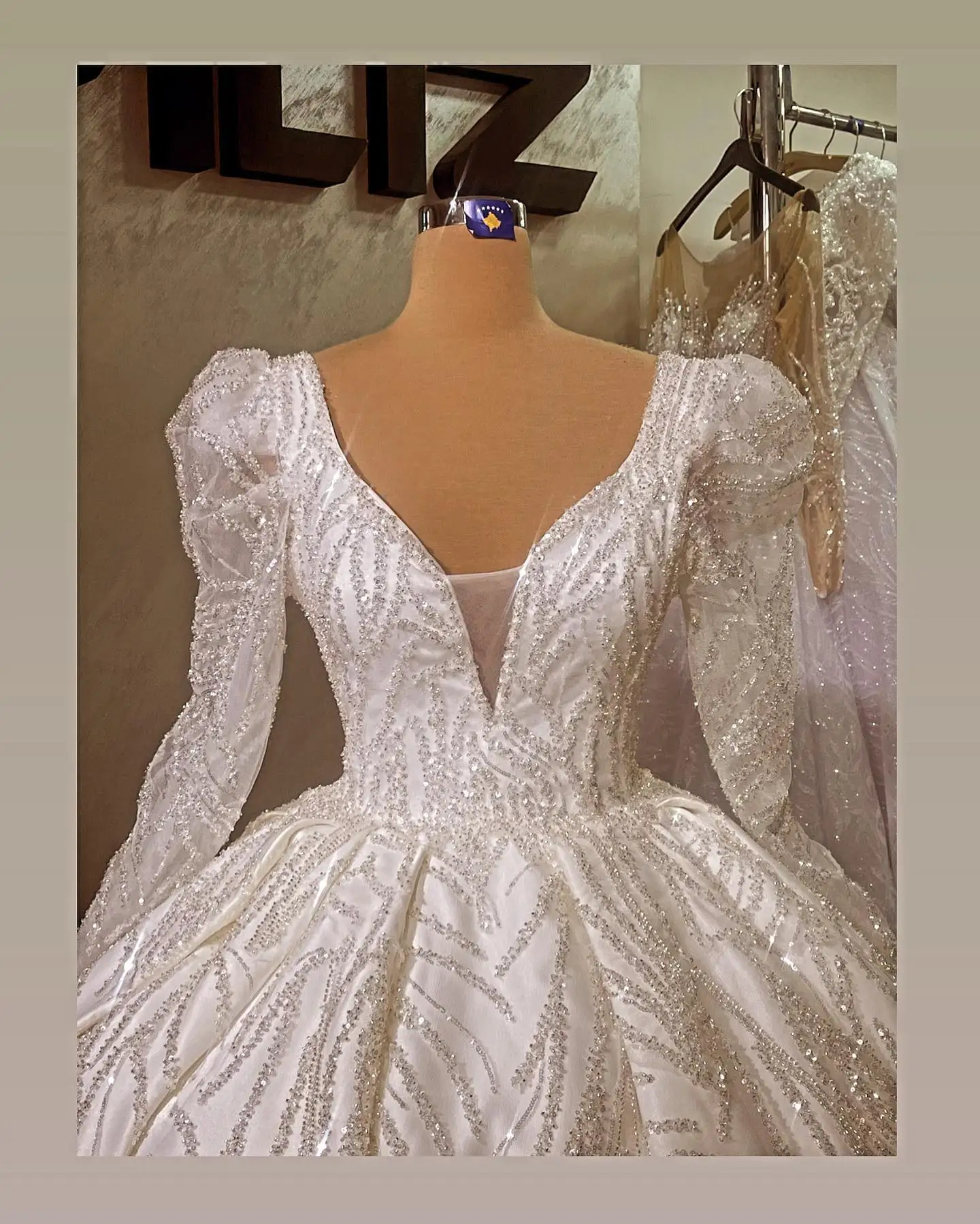 Glamorous Ball Gown Wedding Dress V-neck Long Sleeves Shining Applicant Backless Classical Court Gown Custom Made Robe De Mariée