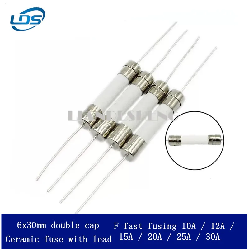 5pcs 6*30mm Ceramic fuse tube with lead pin Fast fuse 250V F10A 12 15 20 25 30A