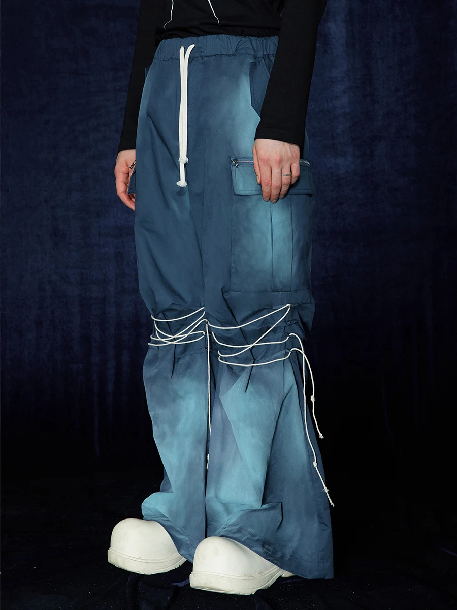 Design Niche Advanced Sense Adjustable Drawstring Blue spray-painted Micro Stretch Wide Leg Overalls