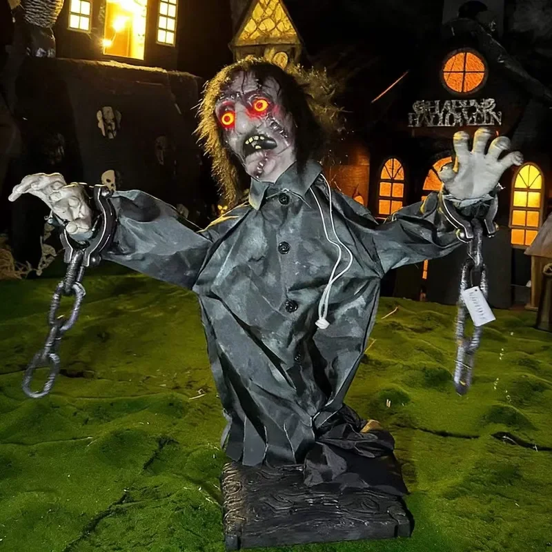 For Halloween Half Body Rocking Zombie with Iron Chain Electric Induction Luminous Sound Horror Atmosphere Decorative Props