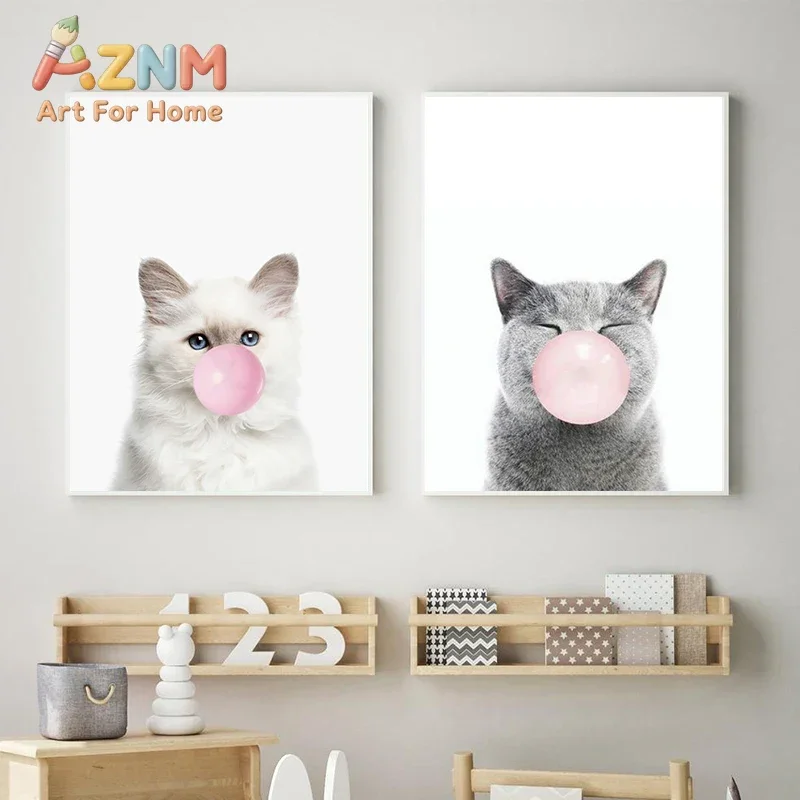 AZNM Cute Cats Blowing Bubble Gum Canvas Wall Art Frameless Funny Animal Minimalist Print Poster for Home Wall Decor