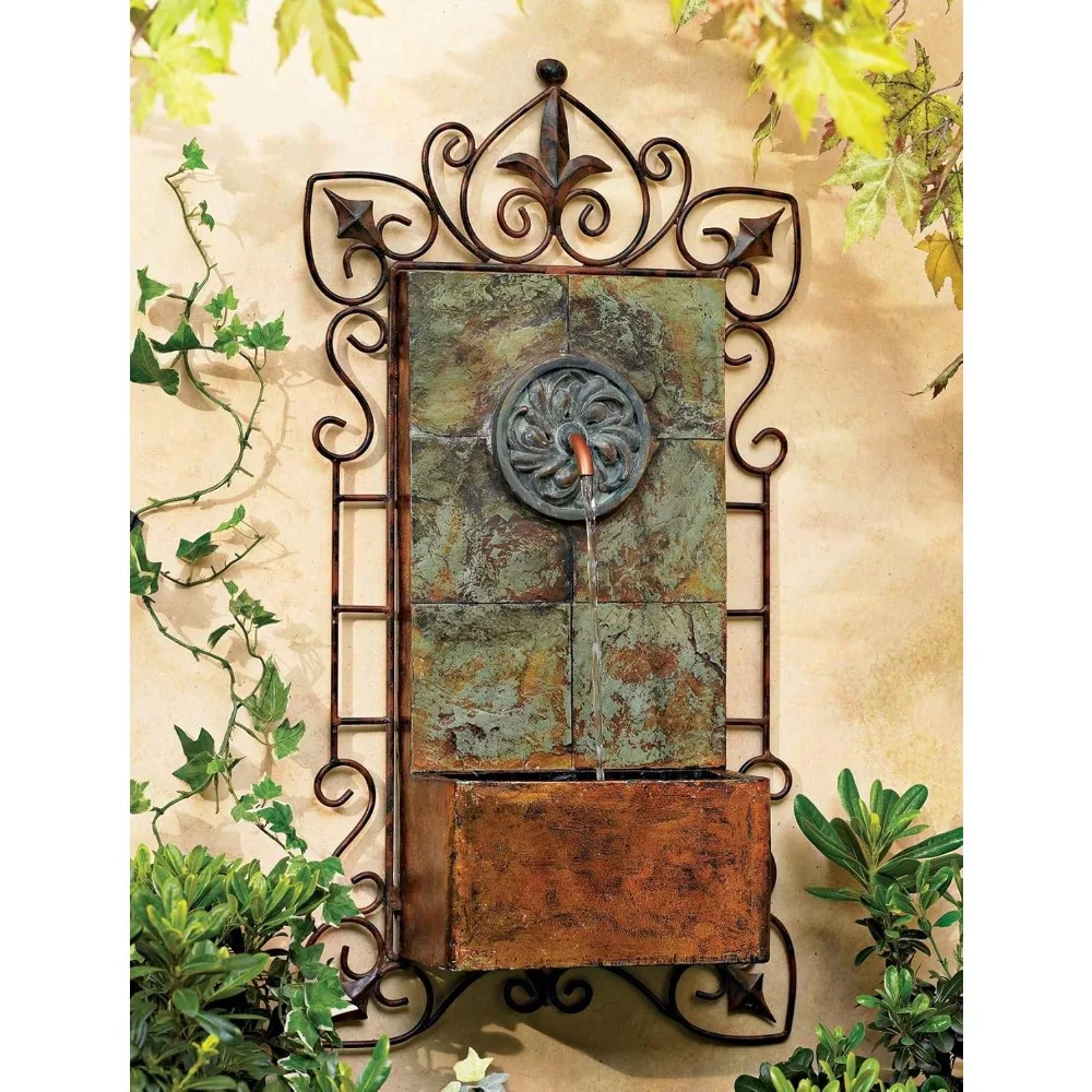 

Ibizi 33" High Large Rustic Traditional Indoor Outdoor Decor Faux Stone Wall Fountain with Light LED Waterfall Iron Scroll Water