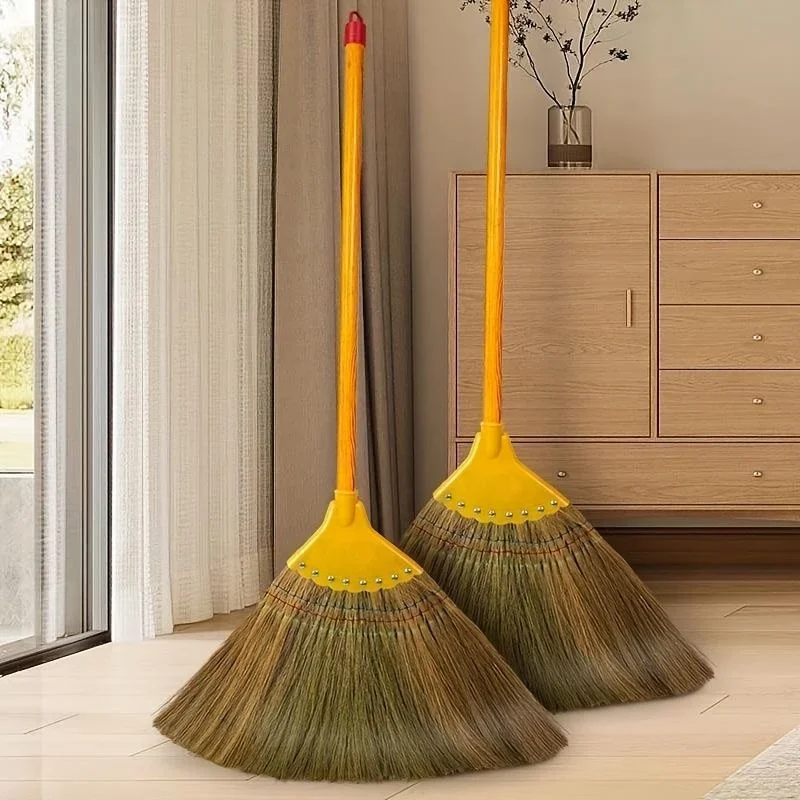 1 Pc Household Soft Bristle Broom, Long Handle Wooden Broom, Natural Mango Grass Broom for Home, Outdoor Use