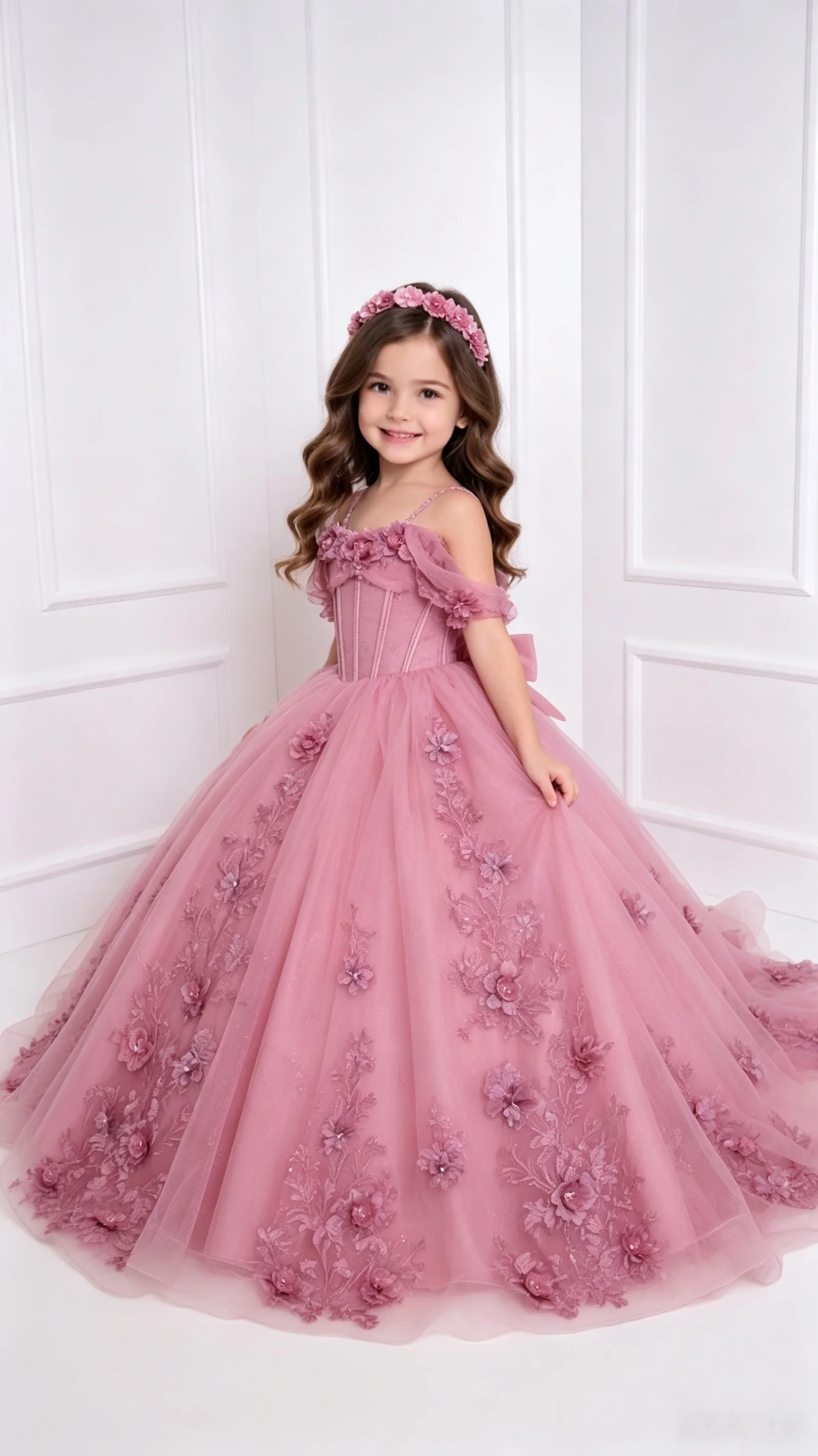 Luxurious Tulle Princess Pageant Dress Off Shoulder Ruffled 3D Flower Trailer Long Skirt Sequin Lace Girl Flower Girl Dress