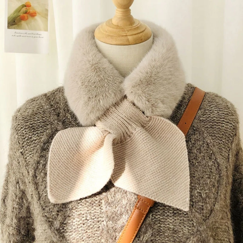 Knitted Faux Rabbit Fur Shawl Cross Scarf Collar Winter Collars and Scarves Neck Cover Women Luxury Neck Warmer Scarf Collar