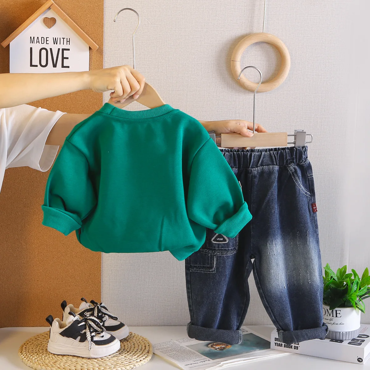 0-5T Kids Boys Daily Play Outfit 2PCS Spliced Pocket Long Sleeve Sweatshirt and Denim Pants Toddler Outdoor Matching Clothes Set