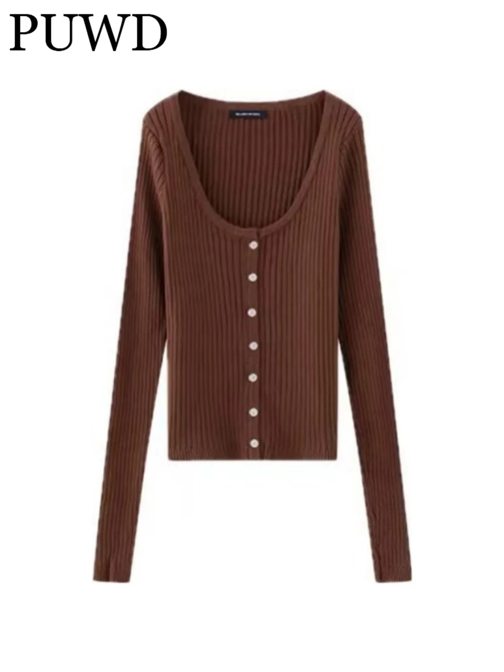 

PUWD Women Sweater 2023 Autumn Fashion Ladies Vintage Short Button Long-Sleeved Single-breasted Sweater For Women's Tops