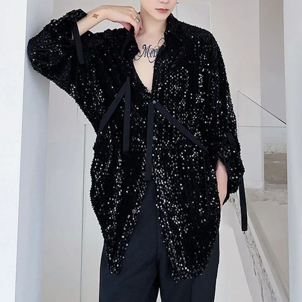 

Winter New Men's Solid Color Ribbon Long-Sleeved Shirt French Retro Fashion Trendy High Street Loose Casual Niche Men's Top