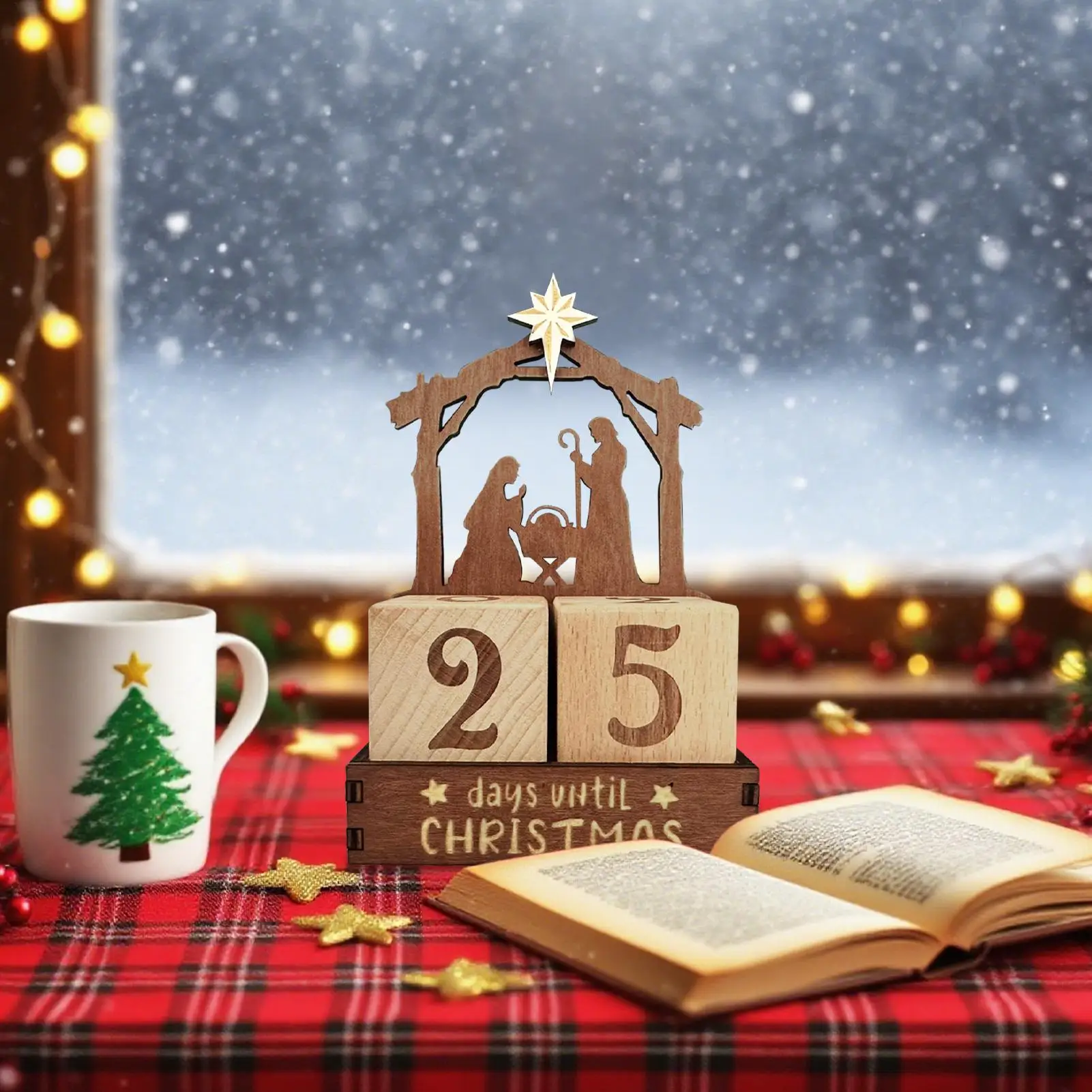 25Days Christmas Wooden Nativity Countdown Calendar Blocks Nativity Tabletop Ornament Room Shelf Decor Winter Festival Xmas Gift