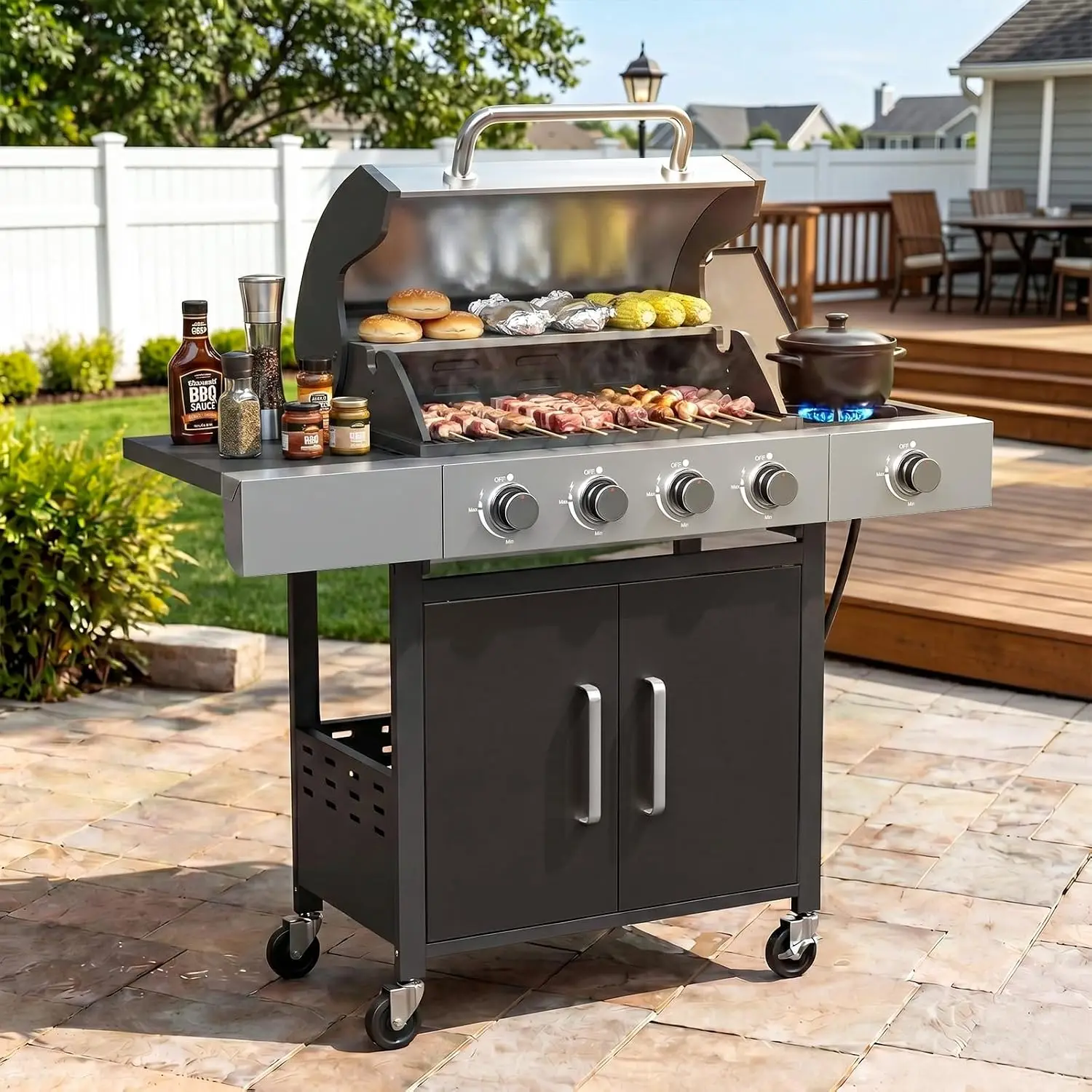 Stainless Steel Construction, Heavy-Duty Cooking Grates, Side Shelves, for Patio Backyard Camping, Black