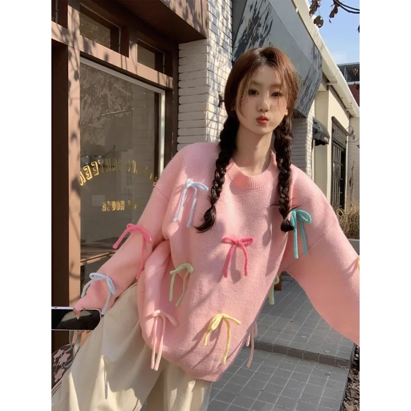 Pull rose avec nœud au dos, nouveau Style, automne et hiver, tricoté au dos, style coréen, à la mode et doux, haut de Style français