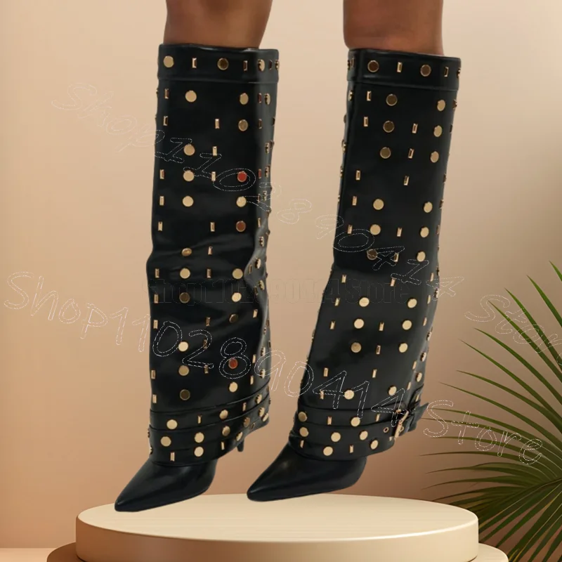 Botas con remaches dorados y hebilla negra, Zapatos sin cordones Para Mujer, tacones finos, punta estrecha, fiesta, 2025