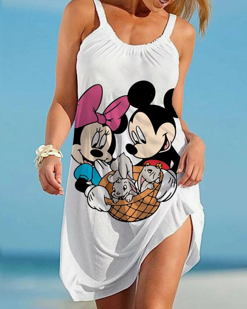 

New Ladies Elegant Dress Minnie 3D Printed Boho Beach Dress Disney Loose Top Suspender Backless Sexy Cartoon Ladies Summer