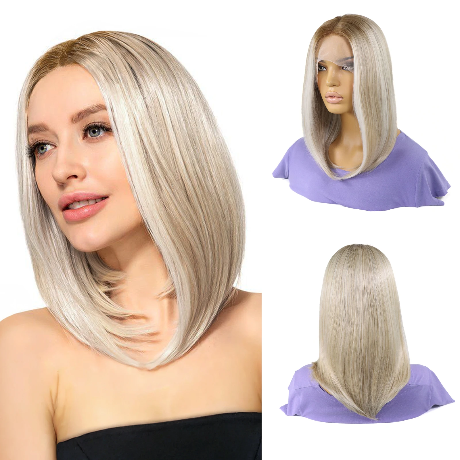 

14Inch Women's Short Bob Synthetic Wig Khaki Hair With Dark Roots Natural Hairline 13x3 Lace Front Wigs For Daily Or Party Use