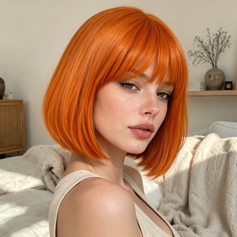 12-inch orange synthetic wig with bangs, smooth and straight hair, suitable for everyday wear, ideal for women.