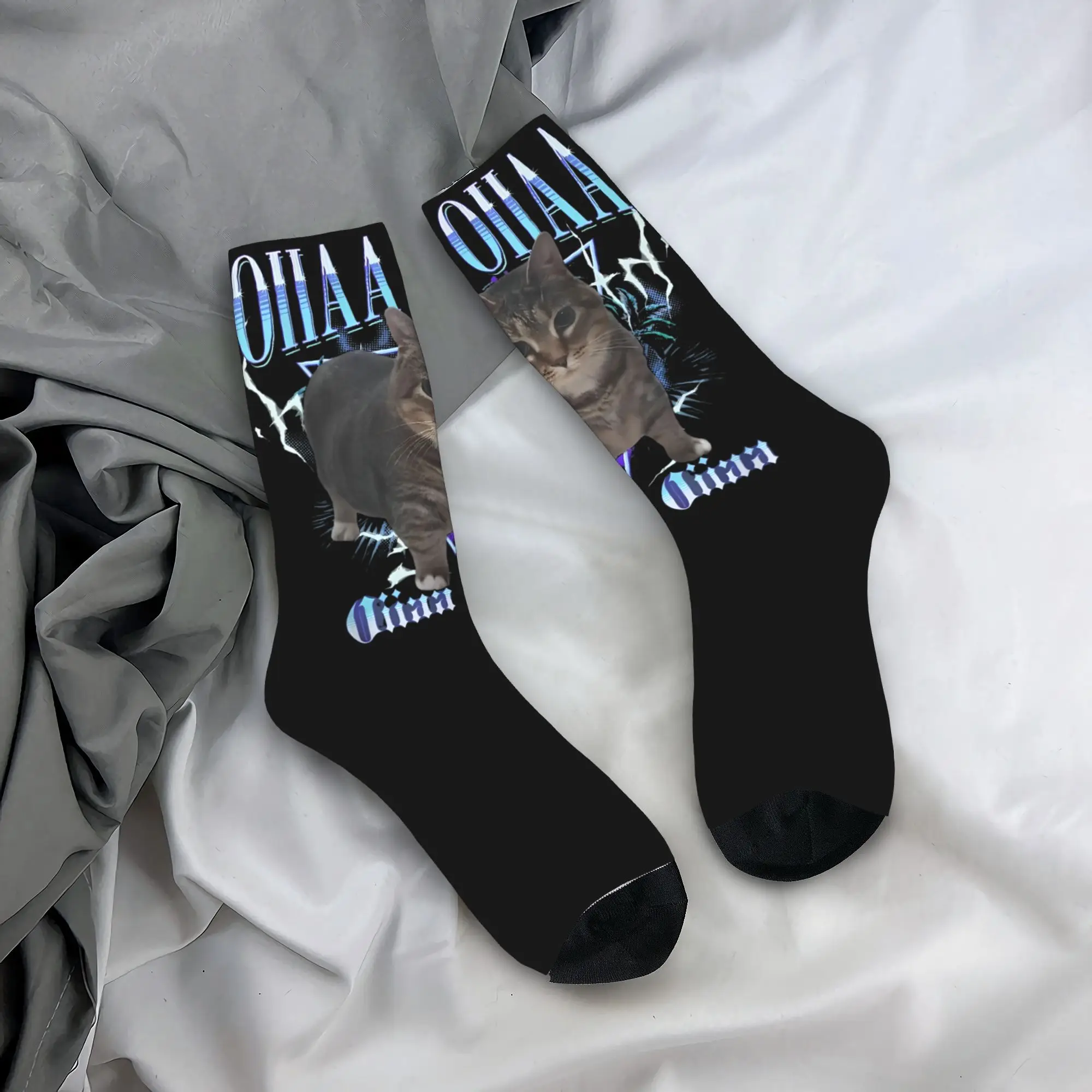 Fashion Men Women Crew Socks Funny Viral Spining Cat Meme Oiiaa Oiiaa Cat Silly Meme Accessories Comfortable  Non-slip Stockings