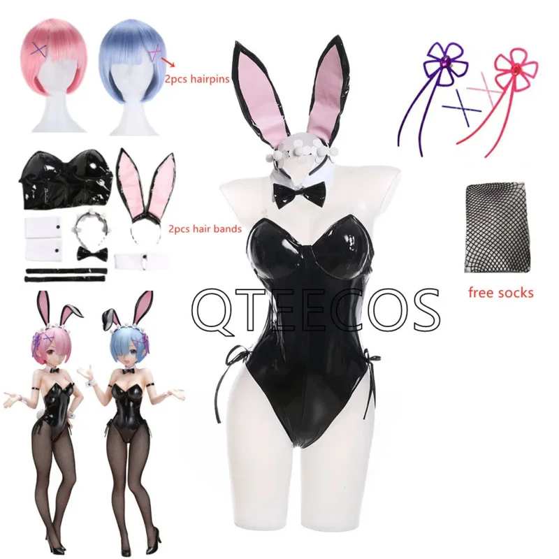 

Ram Rem Cosplay Costume Lamb From Zero Bunny Girl Black Sexy Halloween Party Girl Dress Clothes