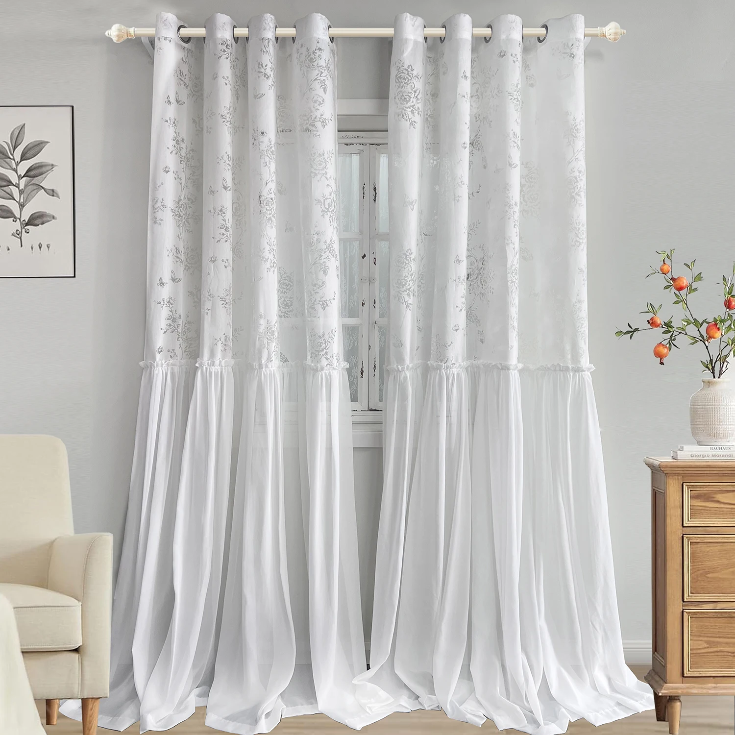 

2 Panels French Romantic Rose Butterfly Flower Tulle Curtains Set, Elegant Soft Semi Sheer Curtains for Living Room, Bedroom