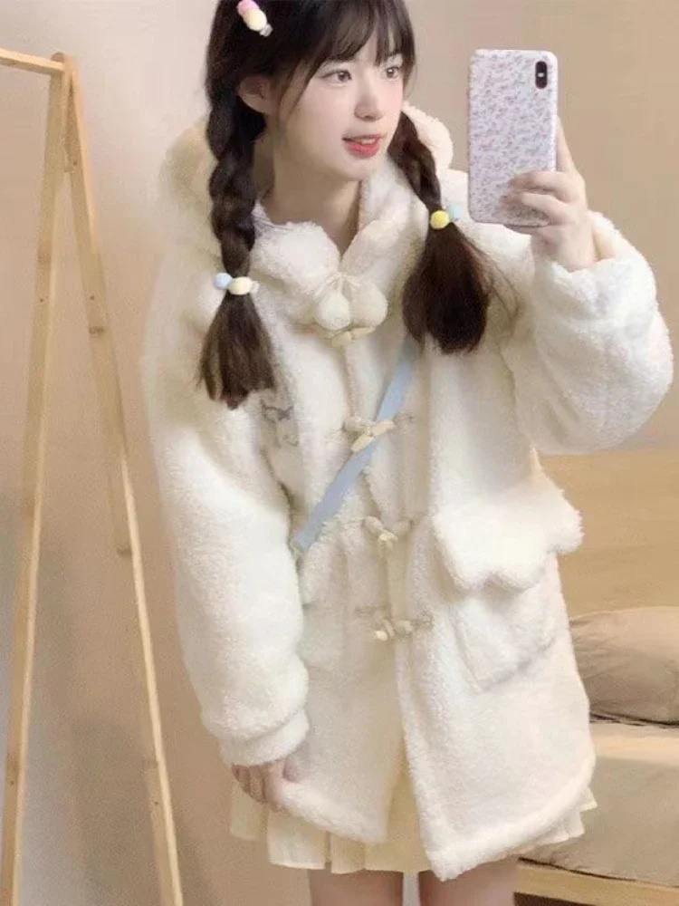 White Lolita Kawaii Wool Coat Women Loose Japanese Sweet Cute Hooded Jacket Female Pockets Korean Casual Coat Warm Winter 2024