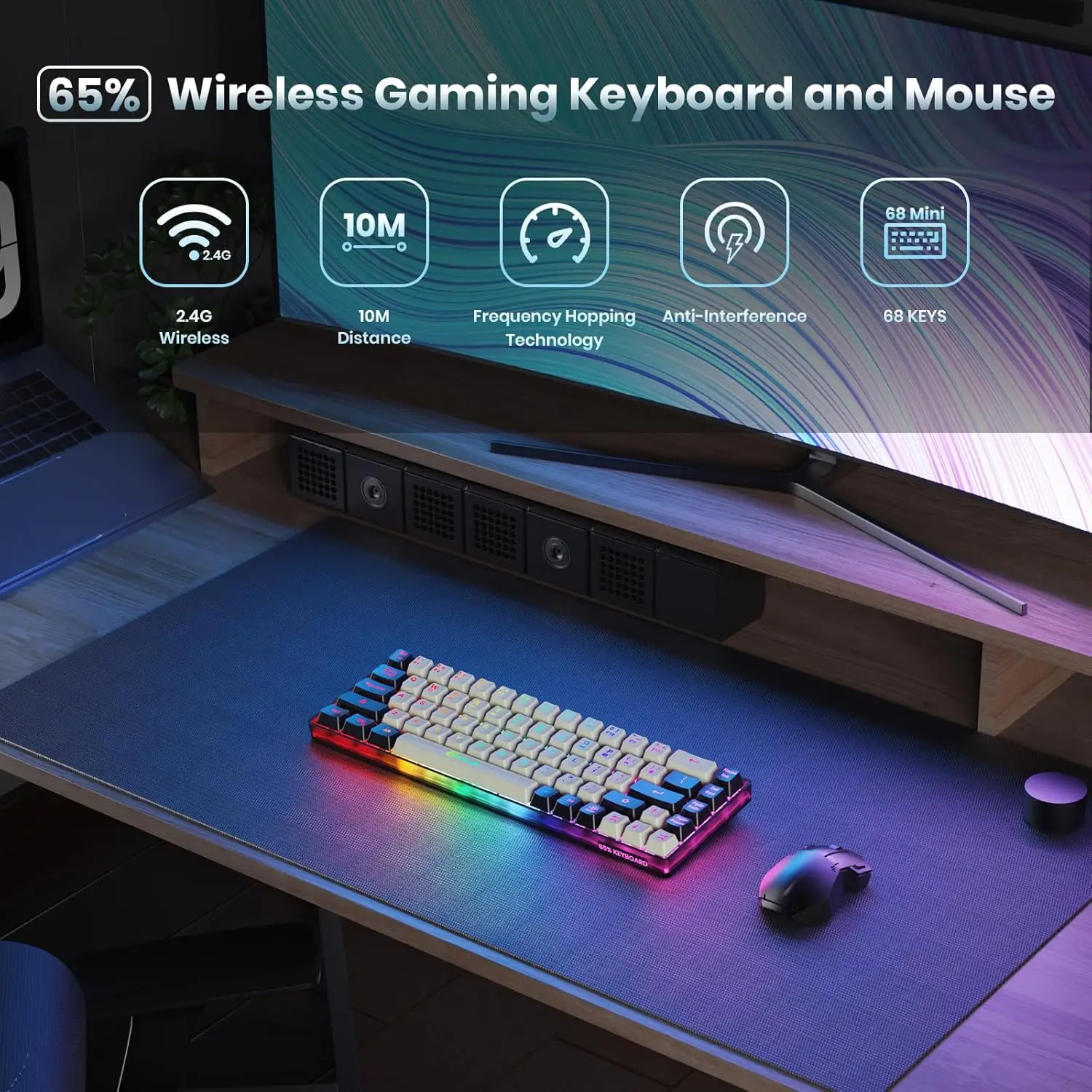 GEODMAER 65% Wireless Gaming Keyboard 2.4G Rechargeable Backlit Gaming Keyboard 68 Keys Anti-ghosting No-Conflict Keyboard forPC