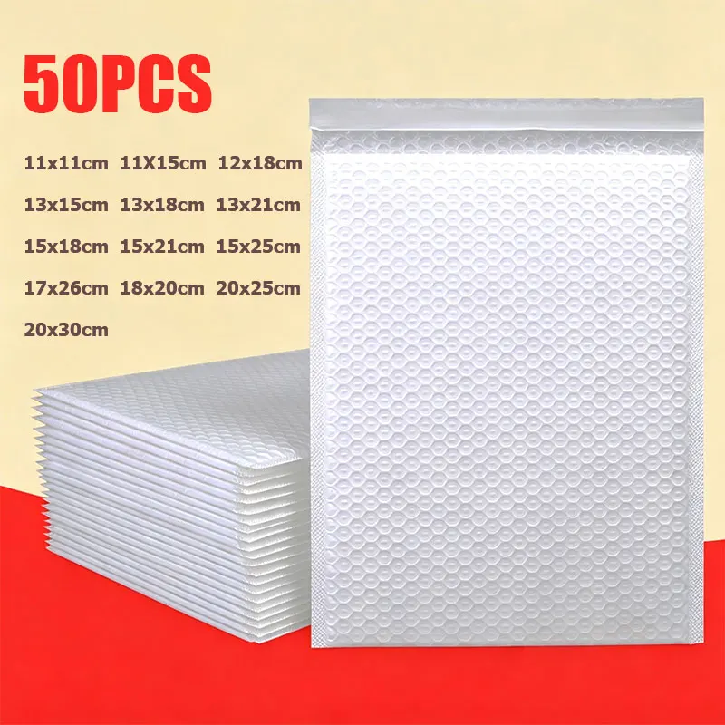 50PCS White Poly Bubble Mailers Self Seal Padded Envelopes Shockproof Waterproof Bubble Bags For Shipping Packaging Bags