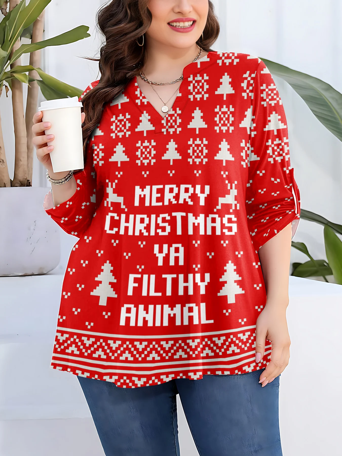 Famale Christmas T Shirts Funny Santa Elk 3D Printed Tops Oversize V-neck Long Sleeve T-shirts Casual Women Clothing