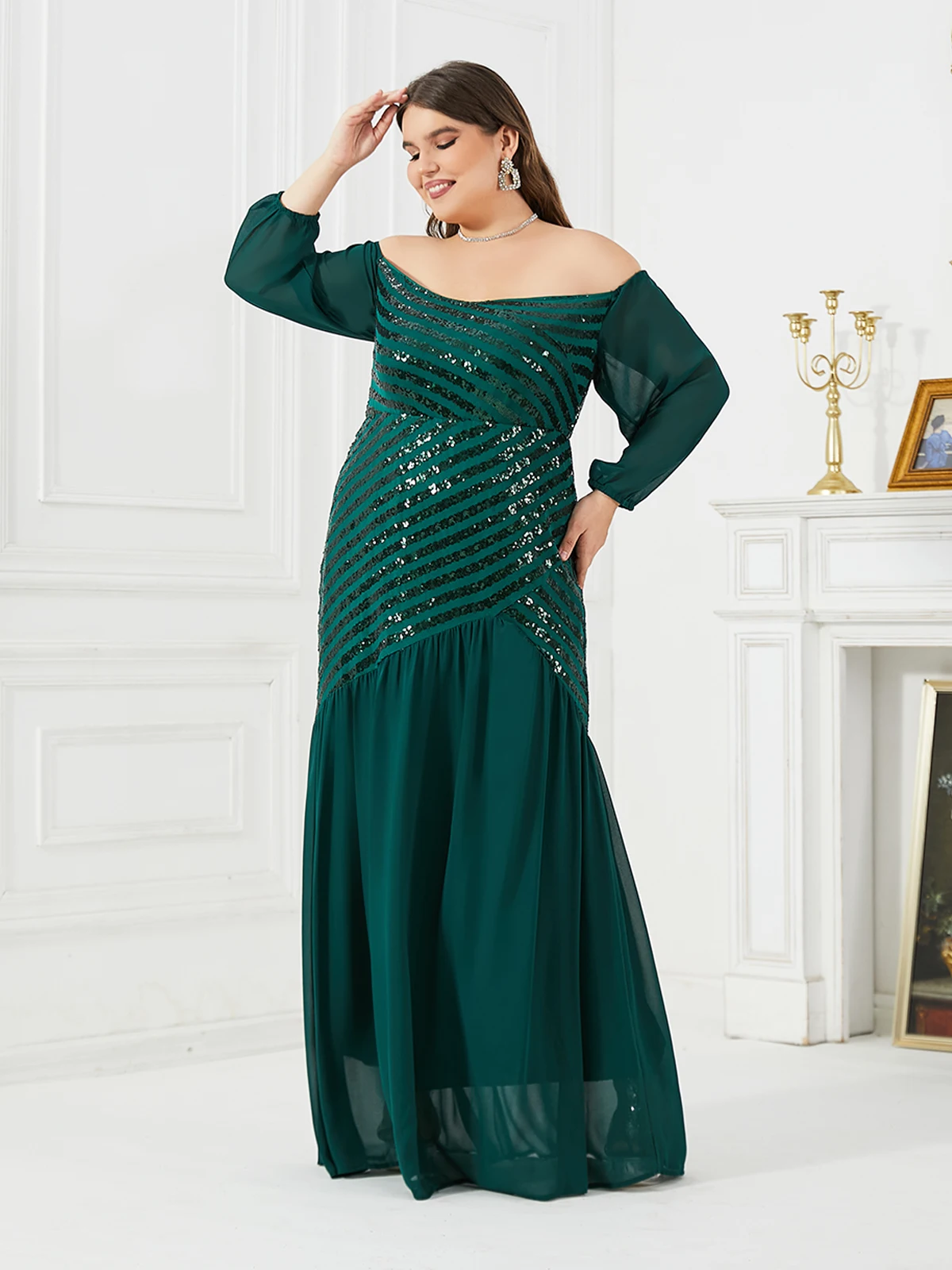 Vestidos de Noche de talla grande para mujer, sin tirantes, lentejuelas, empalme, fiesta, Sexy, verde, boda, talla grande, 2023