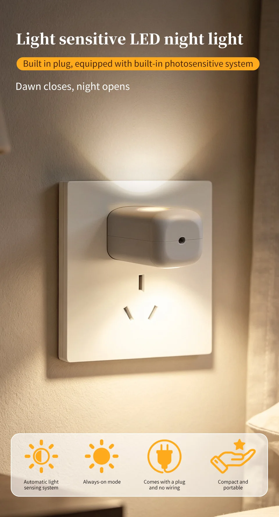 EU US Plug LED Night Light Dusk to Dawn Auto On/Off Warm/Cool White Night Lamp for Bedroom Hallway Stairs Kitchen Energy Saving