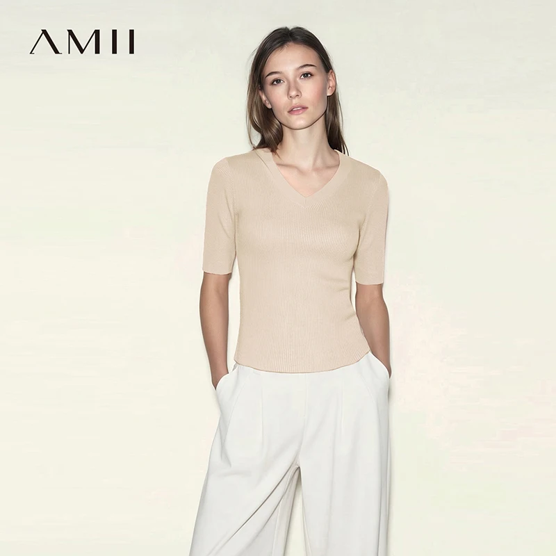 

Женский топ Amii 2026: Новинка лета, приталенный свитер с рукавом до локтя, универсальный базовый пуловер с V-образным вырезом для офиса и повседневной носки, артикул 12622089