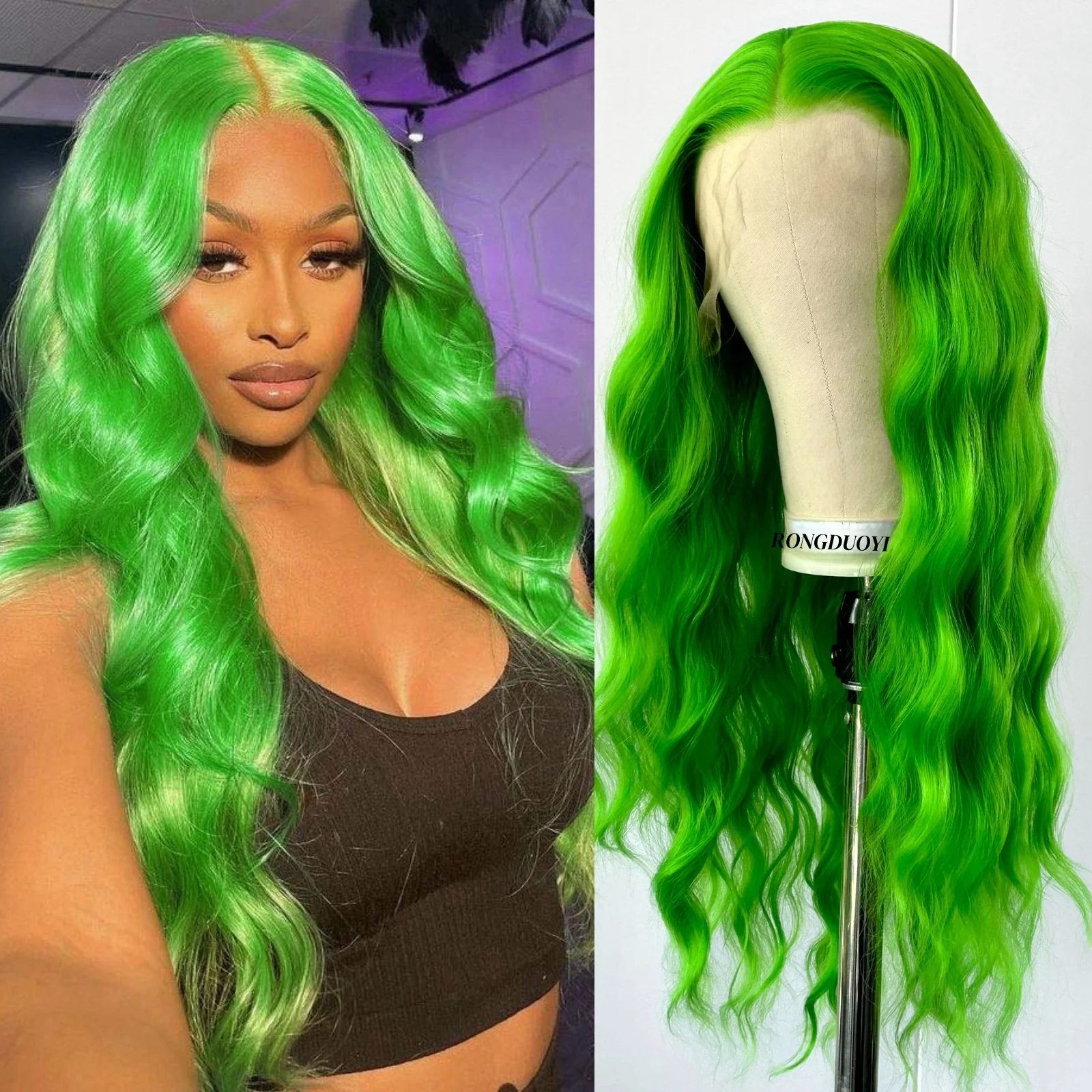 Green Wig Loose Curly Synthetic Hair Free Part Natural Hairline Long Curly Wavy 13X4 Colored Wigs for Women Daily Party Cosplay