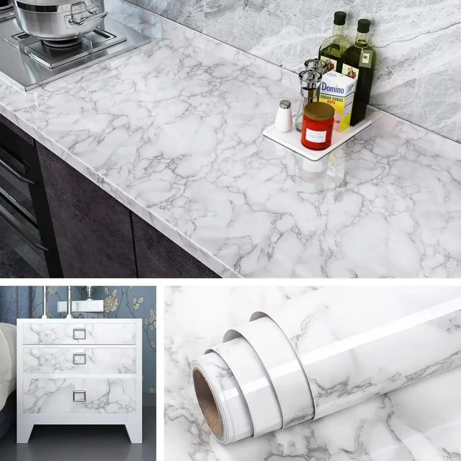 Thickened PVC Glossy Granite Marble Peel And Stick Contact Paper Waterproof Oil Proof Film for Kitchen Bathroom Countertop Decor
