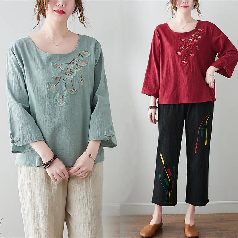 

Faionable Embroidered Cotton Linen Set Seven Sve round Ne T-irt Casual Nine Pants plus Size Women's Clothing Two Pie...